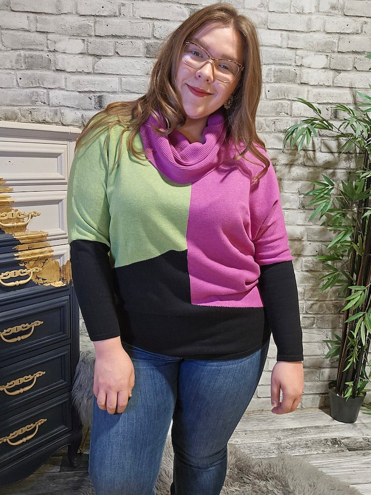 Cowl Neck Color Block Sweater