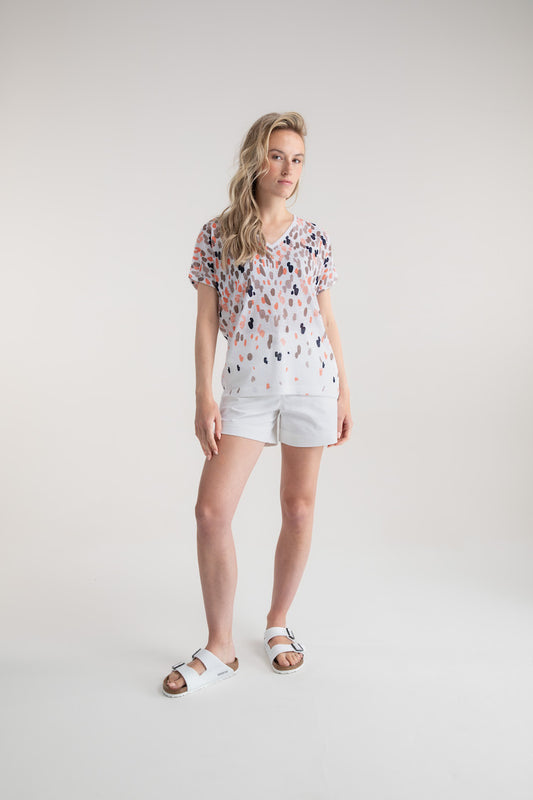 V-Neck Dot Print Short Sleeve