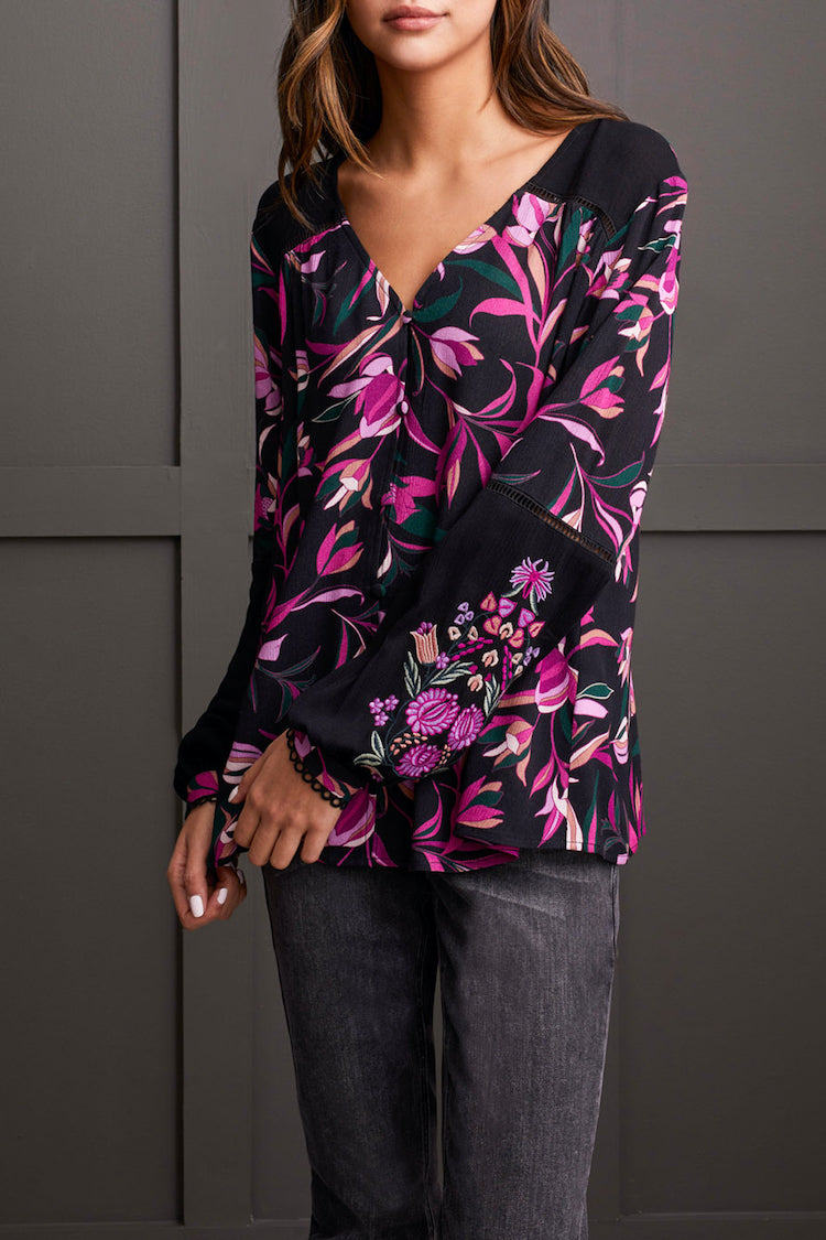 Button Front Blouse With Embroidery