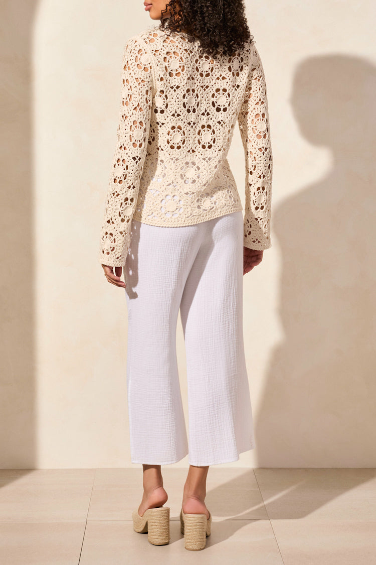 Fancy Open Crochet V-Neck Bell Sleeve Sweater