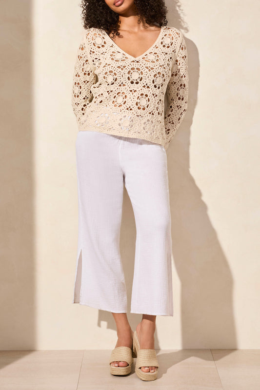 Fancy Open Crochet V-Neck Bell Sleeve Sweater