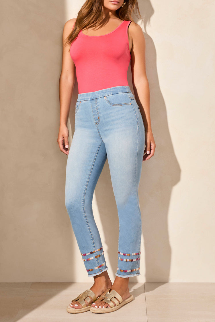 Aubrey Pull On Slim Ankle Jeans With Embroidery