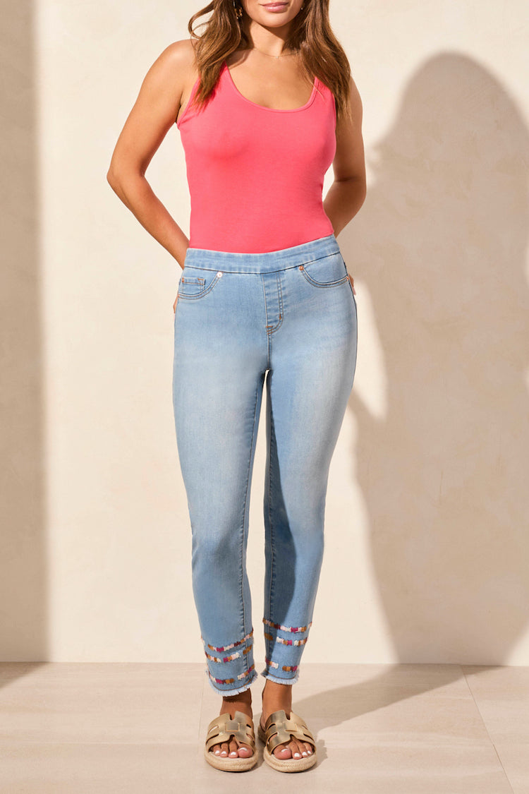 Aubrey Pull On Slim Ankle Jeans With Embroidery