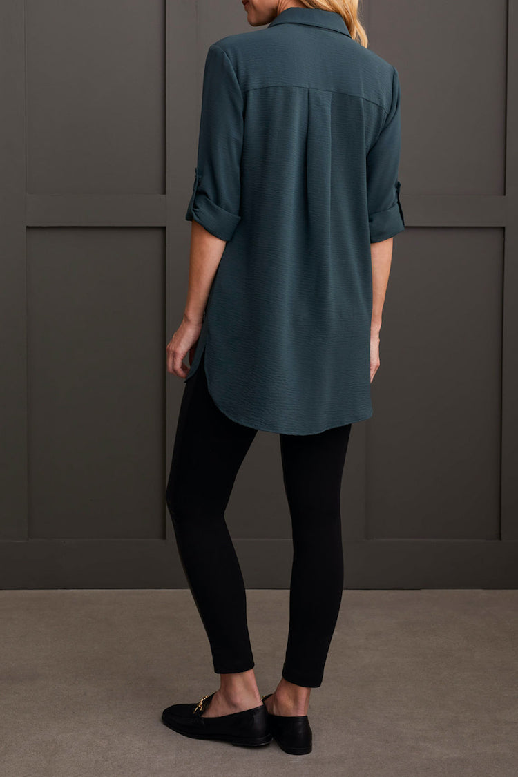 Pebbled Crepe Roll-Sleeve Tunic Shirt