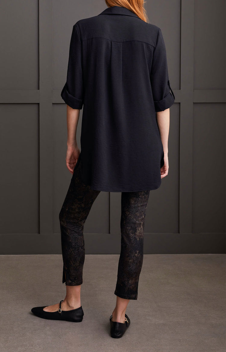 Pebbled Crepe Roll-Sleeve Tunic Shirt