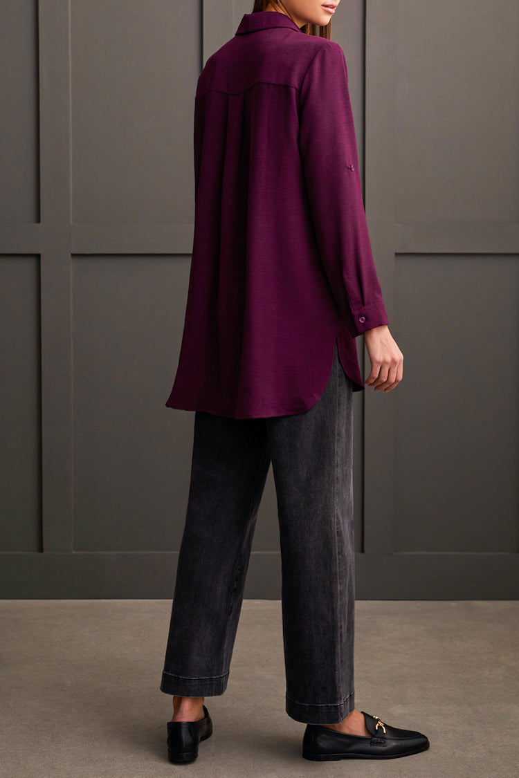 Pebbled Crepe Roll-Sleeve Tunic Shirt