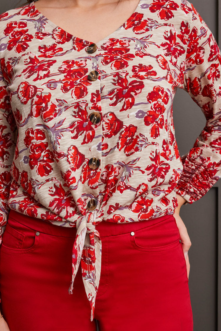 Floral Print Long Sleeve Top With Button Detail