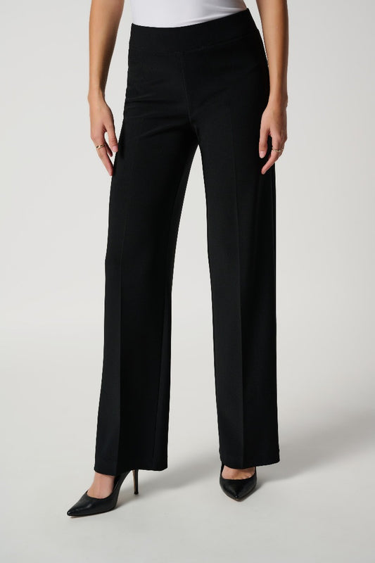 The mid-rise Joseph Ribkoff Pull-on Pant style features a wide, straight-leg, and an elasticized waist. The comfortable fit also gives you a lovely silhouette that will look great with a blouse and even toss on a blazer or cardigan with it.