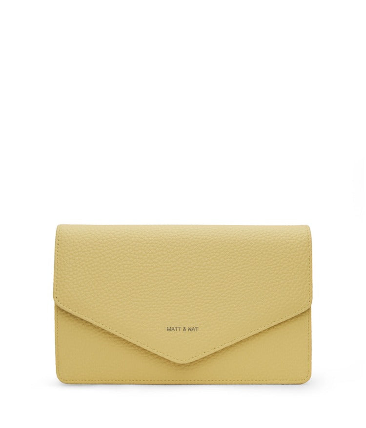 Matt & Nat CLOE Vegan Purity Wallet has a flap closure and a detachable wrist strap so you can use it as a wristlet. It is roomy enough to fit an iPhone 13 Pro Max as well as your necessities.