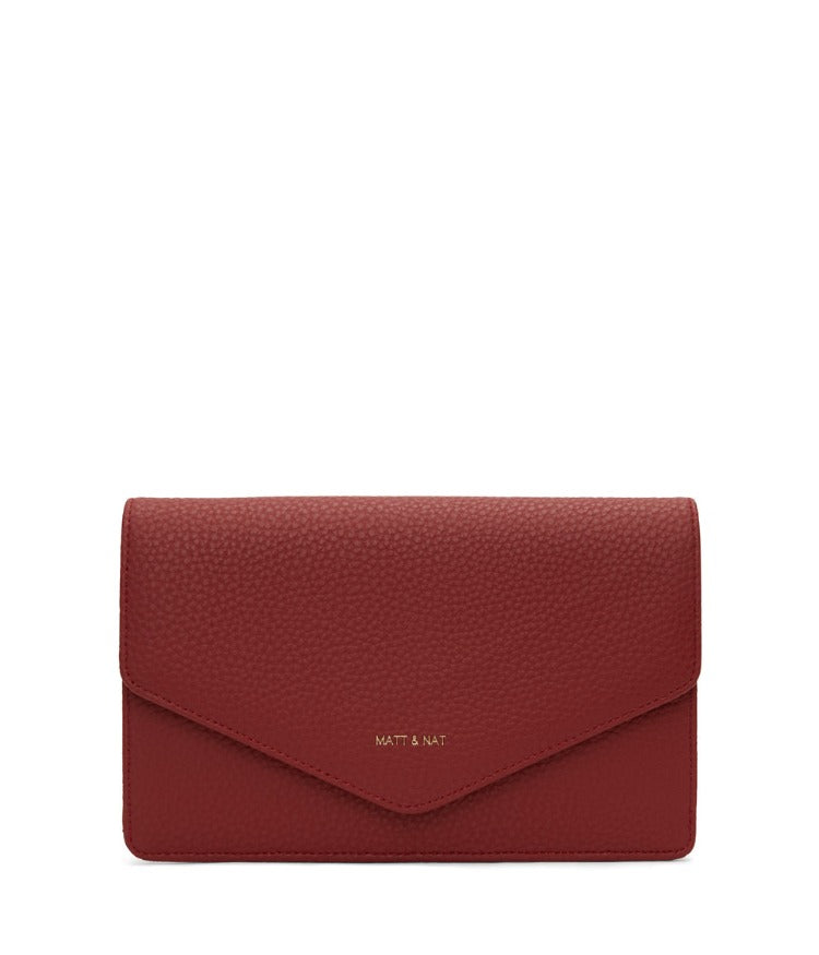 Matt & Nat CLOE Vegan Purity Wallet has a flap closure and a detachable wrist strap so you can use it as a wristlet. It is roomy enough to fit an iPhone 13 Pro Max as well as your necessities.