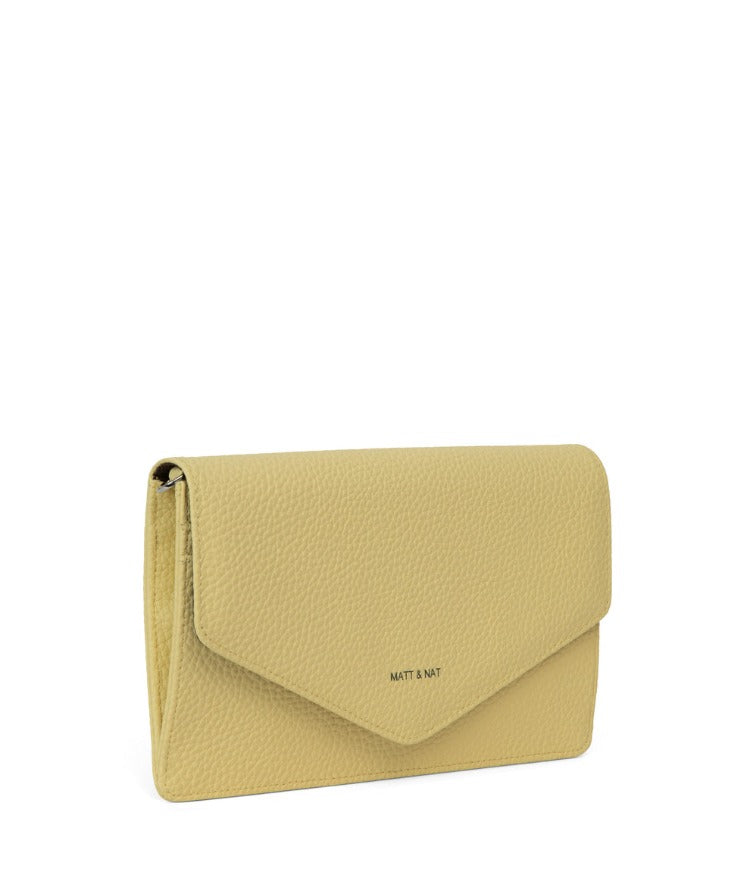 Matt & Nat CLOE Vegan Purity Wallet has a flap closure and a detachable wrist strap so you can use it as a wristlet. It is roomy enough to fit an iPhone 13 Pro Max as well as your necessities.